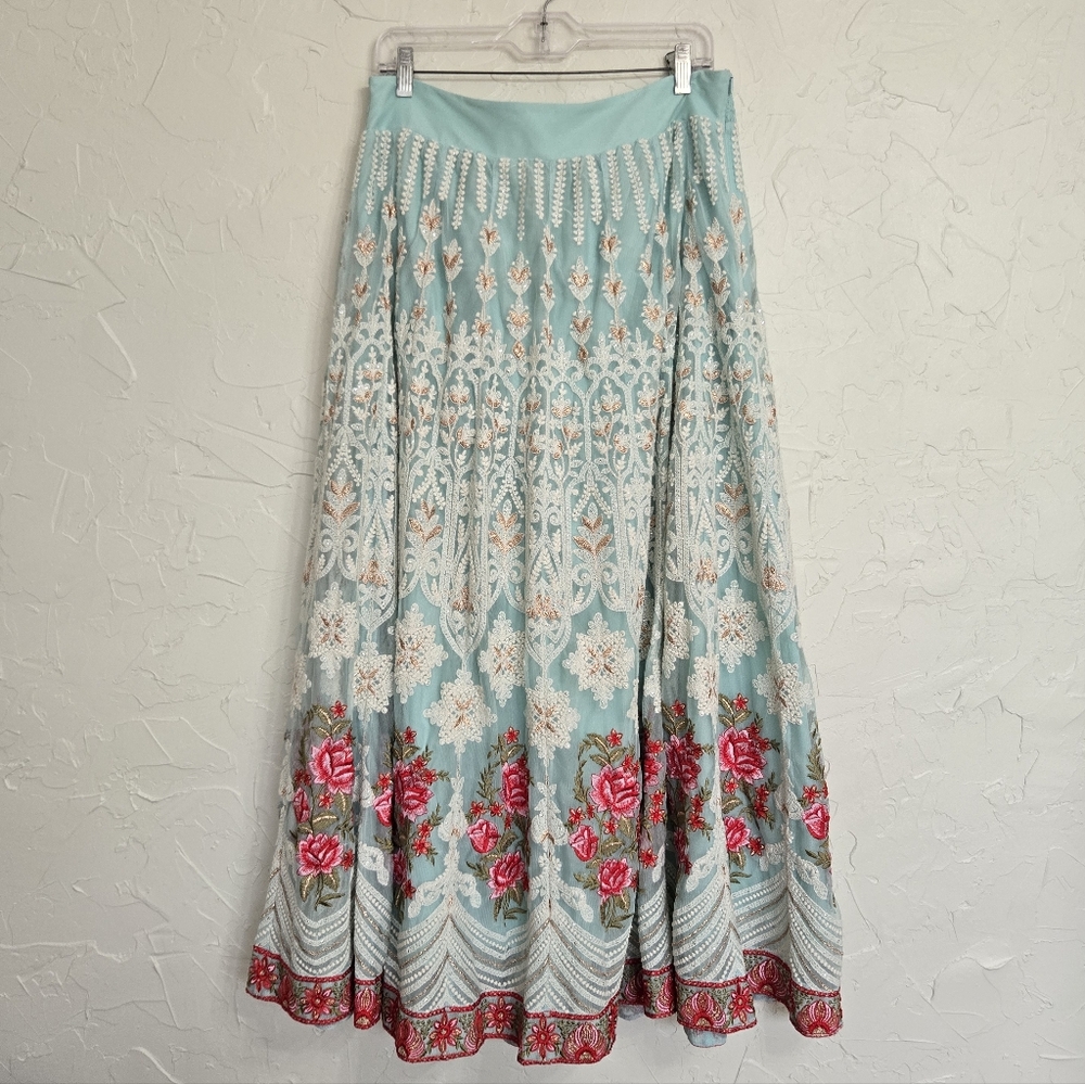 Soft Surroundings Intricate Embroidered Boho Floral Blue Red Analisa Skirt, M - Picture 3 of 14